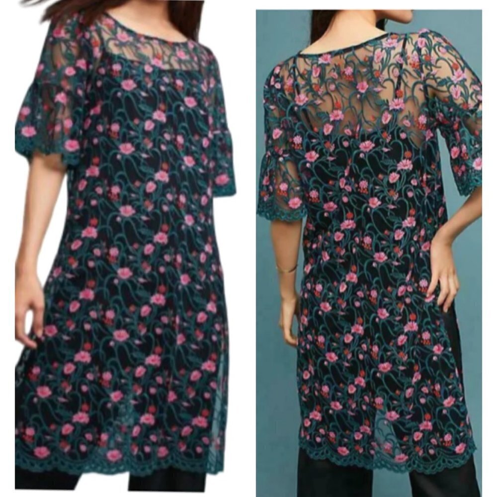 Anthropologie Moulinette Soeurs Black Floral Embroidered Lace Tunic Small Top